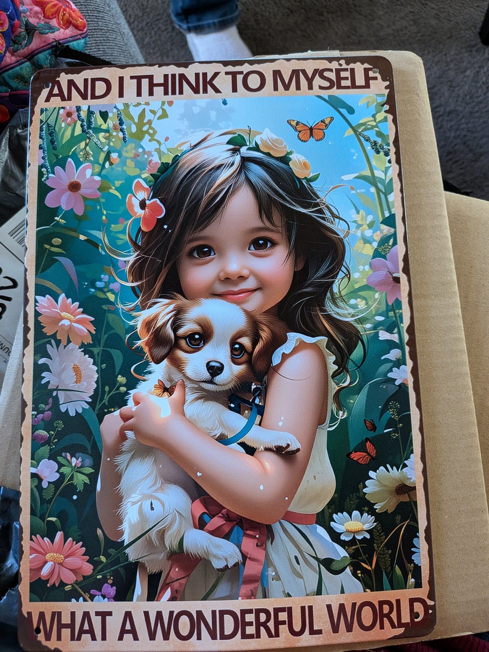 Whimsical Girl & Puppy 8 X 12 Tin Sign- Brown & Multicolor